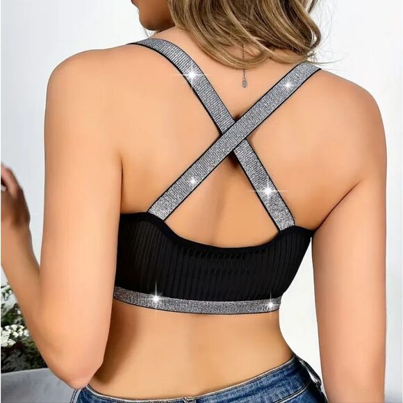 Black Ribbed Silver Trim Sports Bra -R - Picture 2 of 5